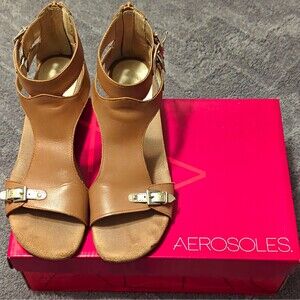 Aerosoles Women's Brown Leather Wedge Sandals Ankle Strap Buckle Zip US 7.5